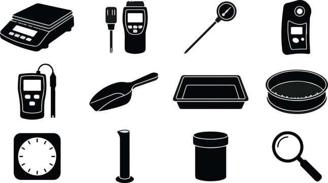 Laboratory scale and analytical testing instruments research equipment vector icon set