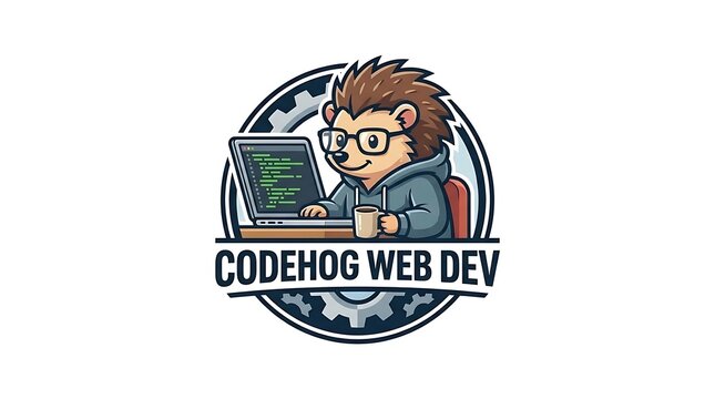 Hedgehog web developer mascot logo with laptop.