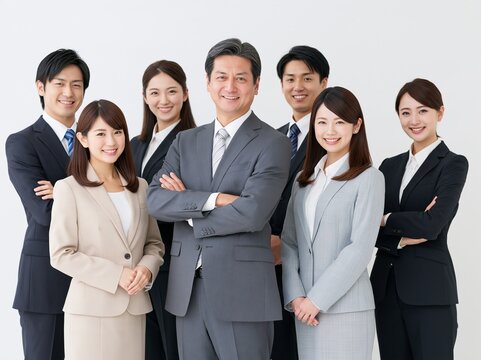 頼もしい笑顔の男性リーダーを中心に団結するスーツ姿のビジネスチーム