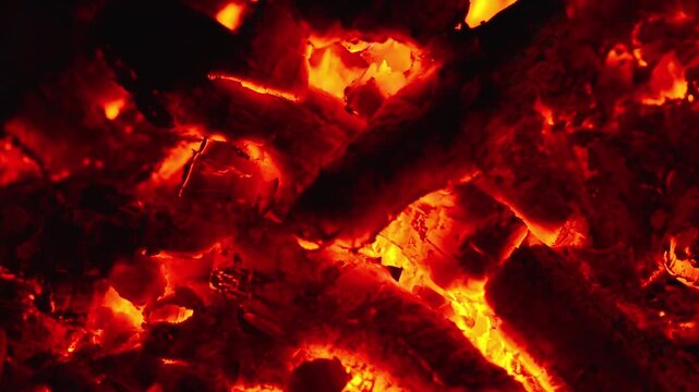 Macro Glowing Firewood Embers Burning in Dark Seamless Loop. Macro seamless loop of burning hot firewood logs and glowing embers in the dark with natural crackling fire audio.