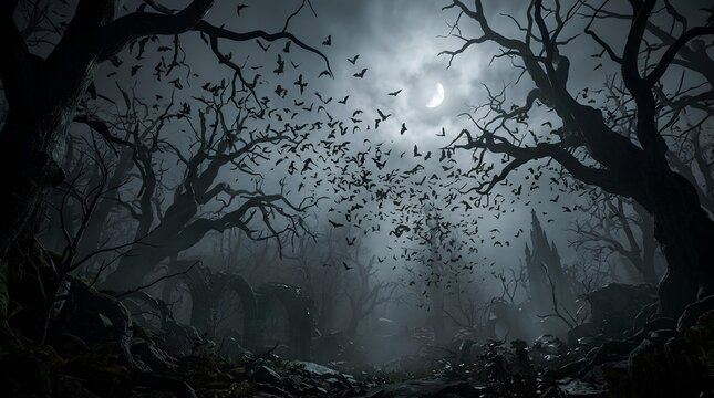 Spooky night forest with bats flying under full moon