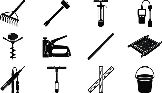 Soil Sampling Equipment and Agricultural Testing Tools Vector Silhouette Icon Set