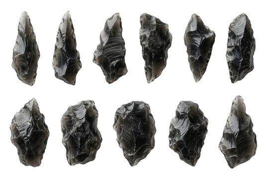 Sammlung von Obsidian-Pfeilspitzen und Steinwerkzeugen