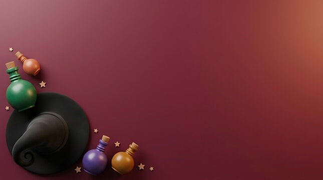 Miniature witch hat and colorful magic potion bottles on dark red background