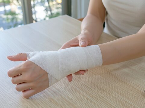 医療機関で怪我をした患者の手首に包帯を優しく巻く手当の様子