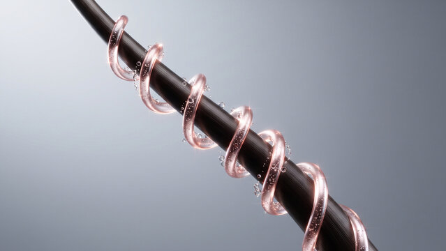 Sleek hair fiber wrapped in rose gold shield spiral, damage repair, hair restoration, heat protection care