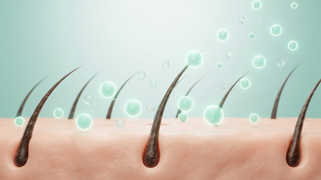 Healthy hair strand scalp with probiotic drops and shield particles, damage repair, hair restoration, microbiome care