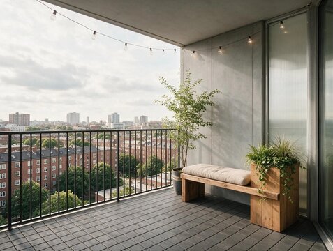 Balc&oacute;n moderno con banco de madera, plantas decorativas y vistas panor&aacute;micas del horizonte urbano. Terraza con barandilla y pasamanos met&aacute;lico con asiento y vegetaci&oacute;n para ser espacio de relajaci&oacute;n