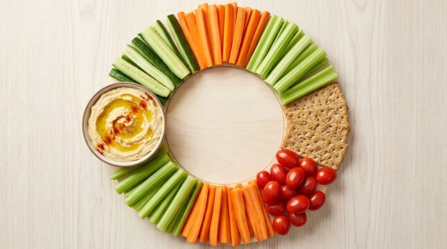 A colorful circle of healthy fresh vegetables with hummus dip on a wooden board top view
