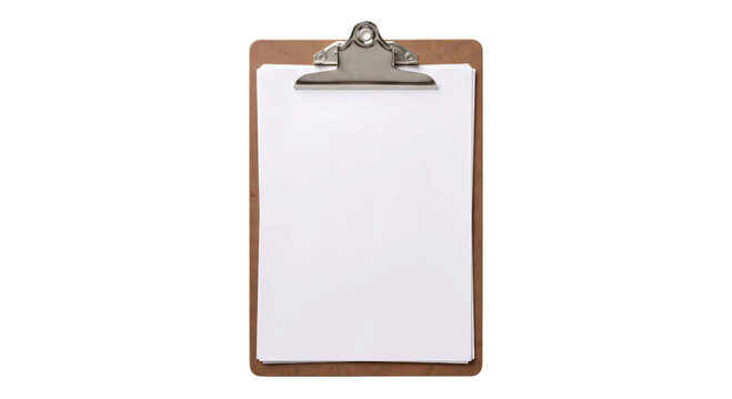 Blank clipboard with white paper and metal clip for notes and documents