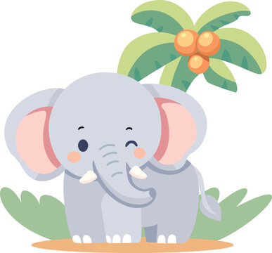 Cute Cartoon Elephant Winking near Palm Tree