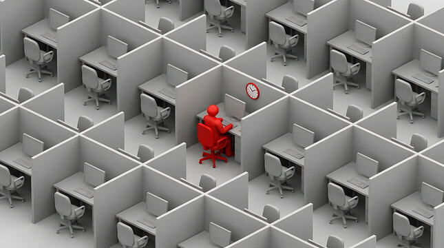 Single Red Employee Working Overtime in Empty Office Cubicles Maze 3D Render