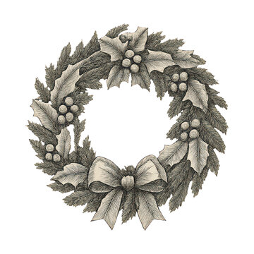 PNG Vintage festive wreath illustration.