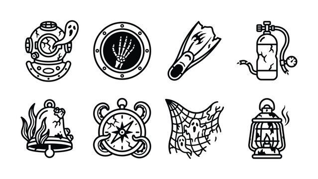 Spooky Scuba Icons: A collection of vintage diving helmet, ghost, compass, bell, flipper, oxygen tank, spider web, and lantern icons, with a ghostly and mysterious underwater theme.