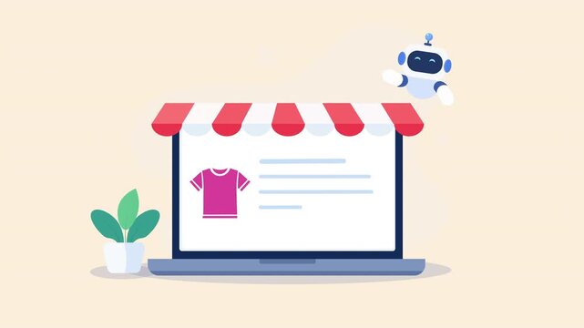 Animated video showing an ecommerce clothing storefront on a laptop with a shirt product listing, shopping interface, and robotic technology element on a soft beige background.