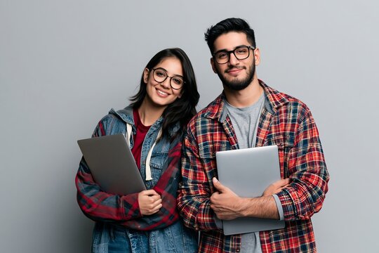 Young man and woman holding laptops against a grey studio background wearing casual checkered shirts