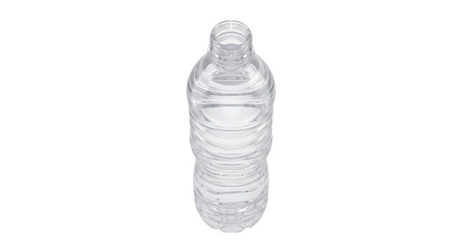 Clear plastic bottle with textured sides and no cap, isolated on white