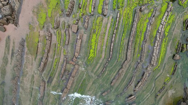 Aerial view of the unique layered rock formations of the Flysch coastline with vibrant green moss and tidal pools in Bilbao, Basque Country, Spain.