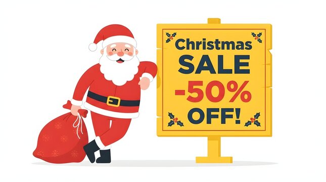 Santa claus announces a huge christmas sale with a fifty percent discount
