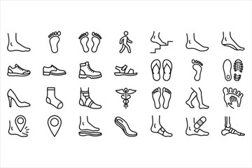 Obraz premium Collection of various footwear icons and medical foot illustrations on transparent background