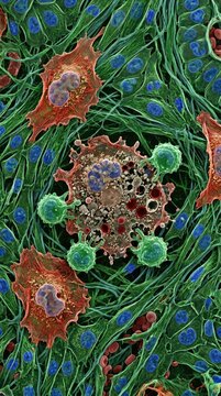 Senolytic therapy targeting senescent zombie cell, active immune lymphocyte clearance showing perforated plasma membrane, therapeutic cellular elimination within extracellular matrix tissue.