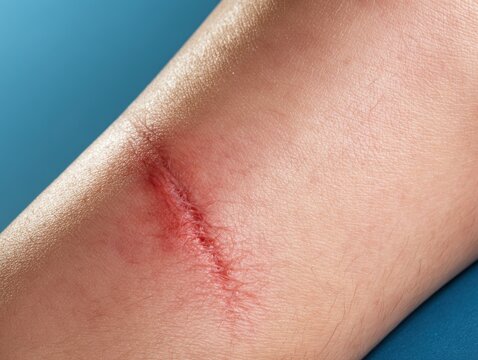 Close up of a healing wound on human skin red and inflamed with visible scarring
