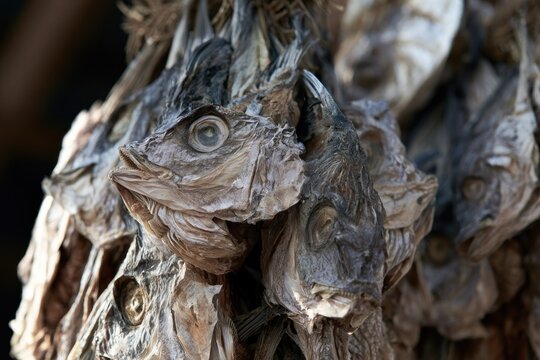 Closeup of dried cod heads hanging for preservation intricate texture and detail