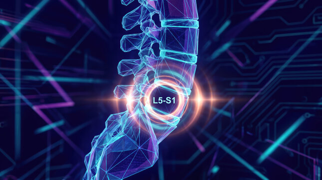 Abstract anatomical visualization of human spine with highlighted L5 S1 vertebral segment and luminous medical technology background