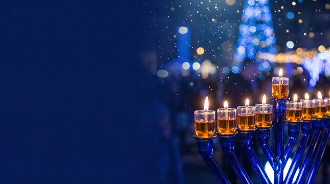 Hanukkah menorah with burning oil candles, Jewish festival of lights background, holiday celebration banner with copy space