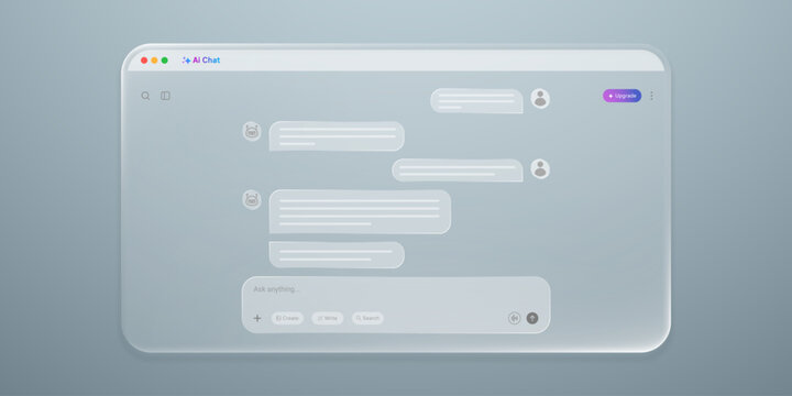 Modern glassmorphism AI chat interface with translucent conversation bubbles, user avatars, search controls and prompt field on a soft blue background, ideal for futuristic technology concepts