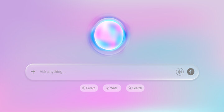 Futuristic liquid glass AI chat interface with glowing orb and pastel pink, purple and blue gradient background, featuring search, writing and creative digital assistant tools.