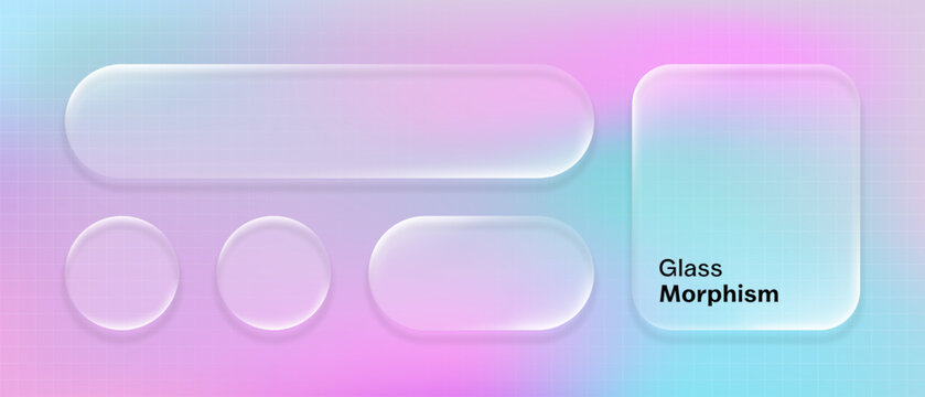 Modern glassmorphism interface with translucent rounded panels and circular buttons on a pastel pink, purple and cyan gradient grid background, ideal for futuristic UI design concepts.