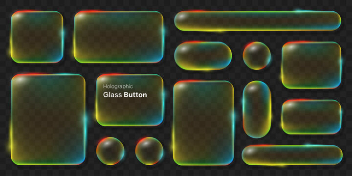 Collection of futuristic holographic liquid glass buttons and UI elements with colorful neon edges, glossy transparency, rounded shapes and isolated checkerboard background.
