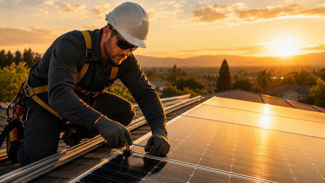 A technician in a hard hat and harness installs solar panels on a rooftop at sunset.