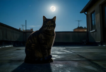 Obraz premium Mystery and solitude concept, domestic tabby cat sitting on a rooftop at night under a full moon with cinematic lighting and urban atmosphere