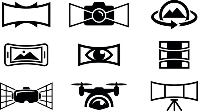 Panoramic View and Virtual Reality Icon Set with Photography, 360 Degree, Wide Angle Lens, Drone, and Camera Symbols for Multimedia App Designs