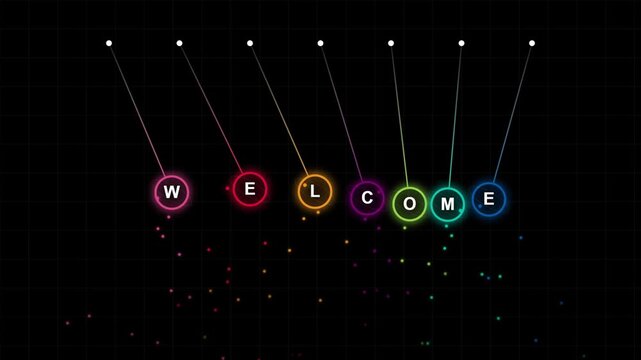 Colorful Welcome Text Animation Falling Balls Dark Background