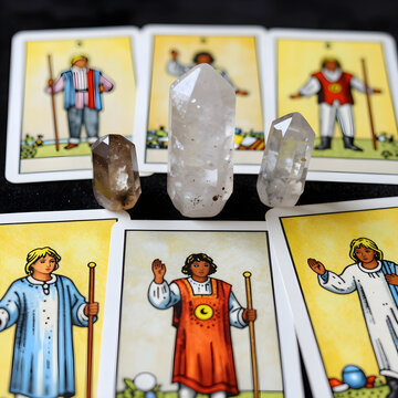 Divination and spiritual guidance, tarot cards with clear quartz crystals for fortune telling and esoteric practice on a dark textured background