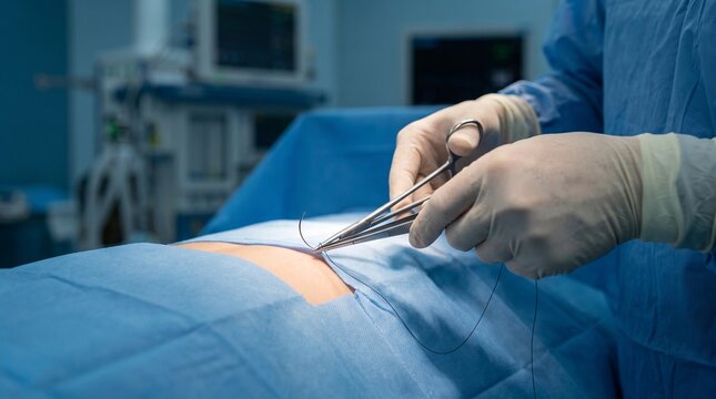 Professional surgeon hands holding medical instruments while performing delicate surgical procedure suture incision in modern operating room clinic close up