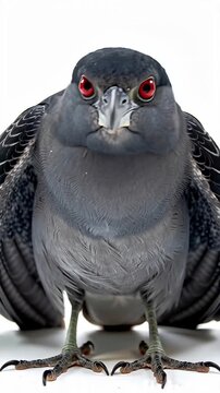Close-up of a black-crowned night heron with compact posture, red eyes, contrasting black and gray plumage, isolated on white background