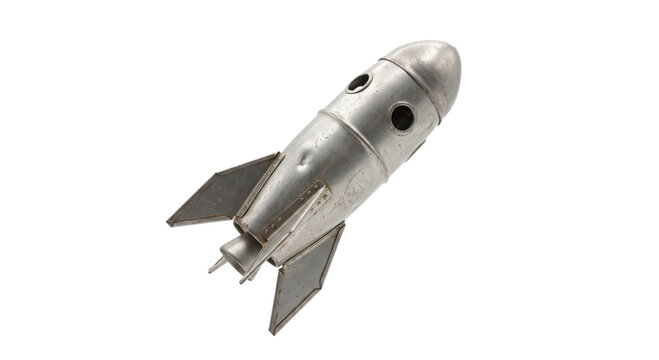 Vintage tin rocket toy with fins and windows, isolated on white background