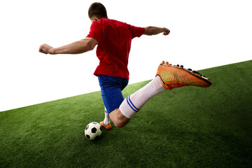 Rear view of teen footballer striking ball with extended leg. Concept of shooting mechanics, coaching analysis, goal attempts and lower body power. © master1305