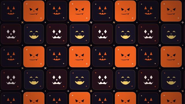 Halloween pumpkin face pixel art grid background loop