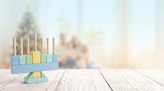 Wooden toy menorah on white table, Hanukkah holiday background with blurred family, Jewish festival of lights celebration concept