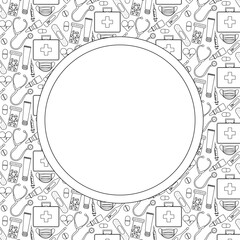 Obraz premium Pharmacy apothecary Frame circle round template hand drawn illustration. Vector graphic line art. Treatment and health care. Medicines, painkillers and vitamins. invitation, holiday banner, postcard.