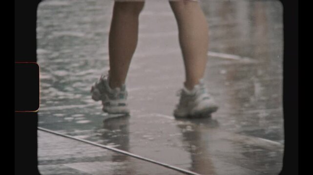 Shot on Super 8 film, close view of legs in white sneaker walking over wet pavement after rain in Shanghai, reflection shines on the smooth stone slab
