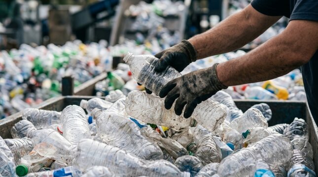 A worker with protective gloves is shown hands sorting recycling wastem rubbish at a facility, picking plastic bottles from a full industrial bin loaded with discarded materials