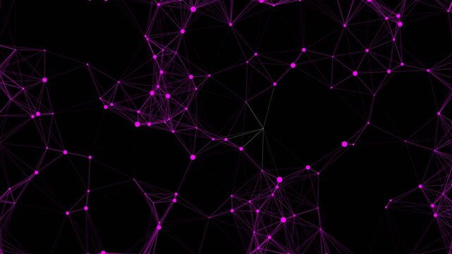 Futuristic purple plexus network animation with connected dots and lines on a dark background, representing digital data communication, global technology, and abstract scientific concepts.
