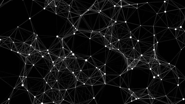 Futuristic abstract digital network featuring white connected nodes and geometric lines on black background, symbolizing global connectivity, big data, and advanced technological systems.