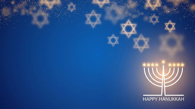 Hanukkah holiday background with glowing menorah, blue Jewish celebration backdrop with Star of David bokeh, festive greeting card template